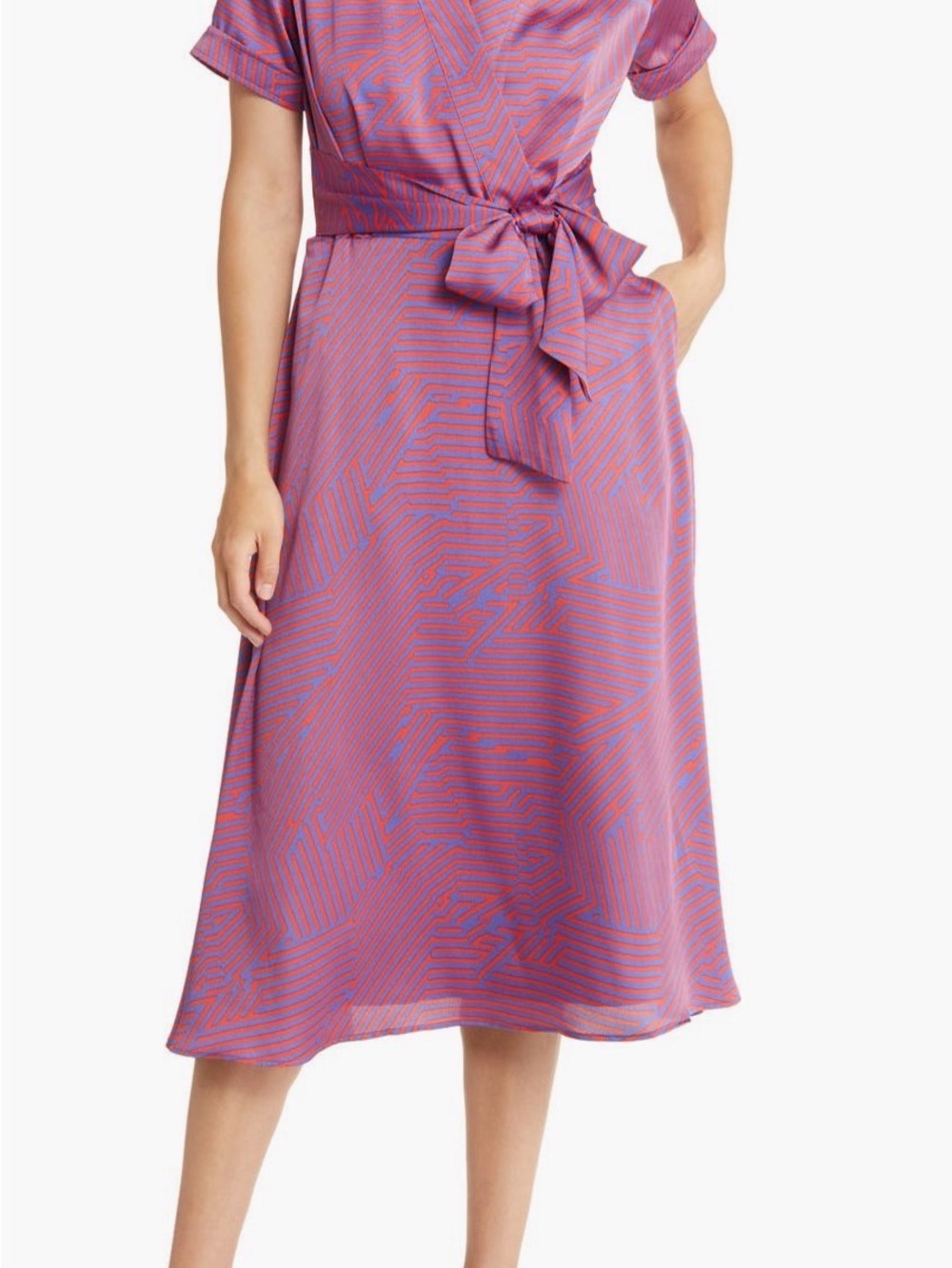 Tahari Red and Purple Satin Printed Faux Wrap Midi Shirtdress